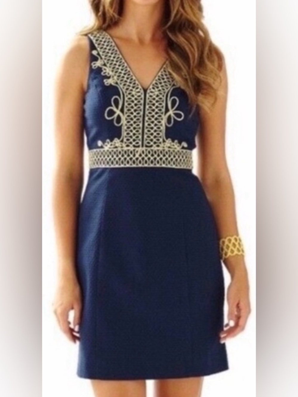 Lilly Pulitzer Navy Blue Gold Embroidered Silk Dress Size 6